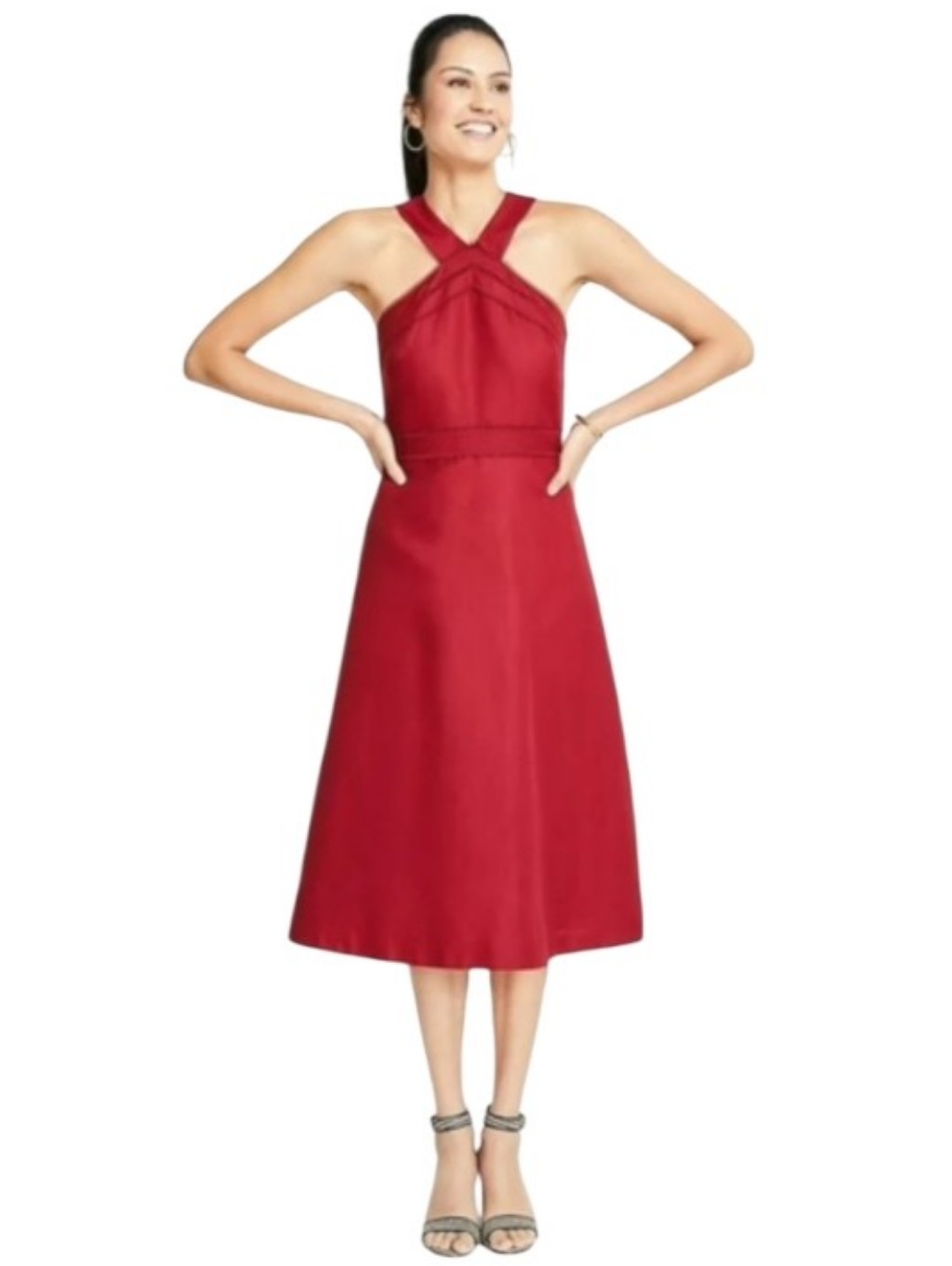 Ann Taylor | Crimson Linen Fit And Flare Crossback A-Line Midi Dress Size 10p